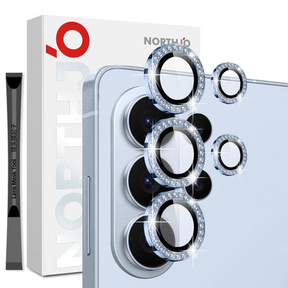 Diamond metal phone camera lens protector set with three silver rhinestone rings