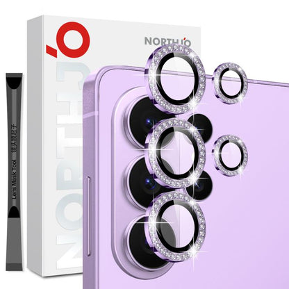 Diamond metal phone camera lens protector set with three purple rhinestone rings