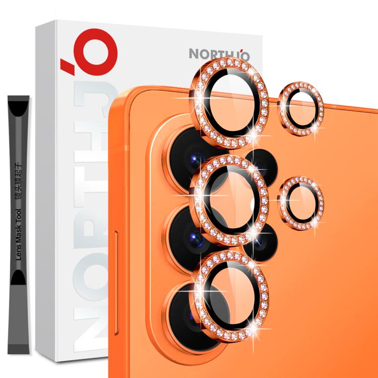 Orange phone camera lens protector set with three diamond rings and small rings