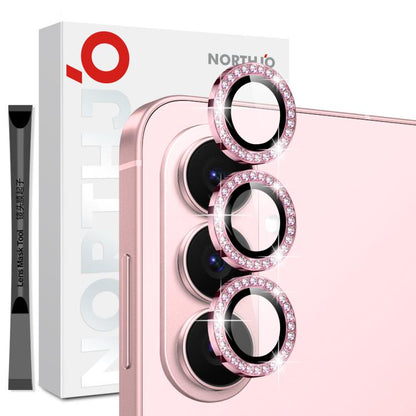 Pink phone camera lens protector set with three diamond rhinestone rings