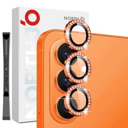 Orange phone camera lens protector set with three diamond rhinestone rings