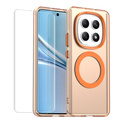 MagSafe smartphone case with soft hydrogel film, translucent orange, circular ring cutout