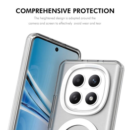 Transparent phone case with white MagSafe ring and raised camera housing