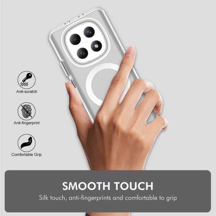 Clear MagSafe phone case with white circular ring; anti-scratch grip on the back