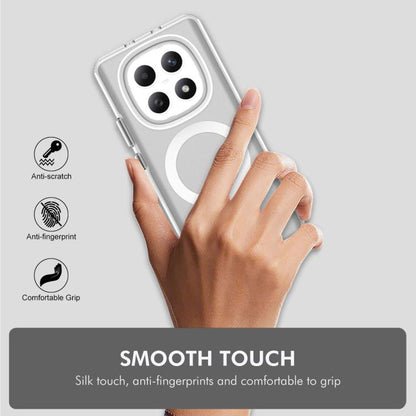 Clear MagSafe phone case with white circular ring; anti-scratch grip on the back