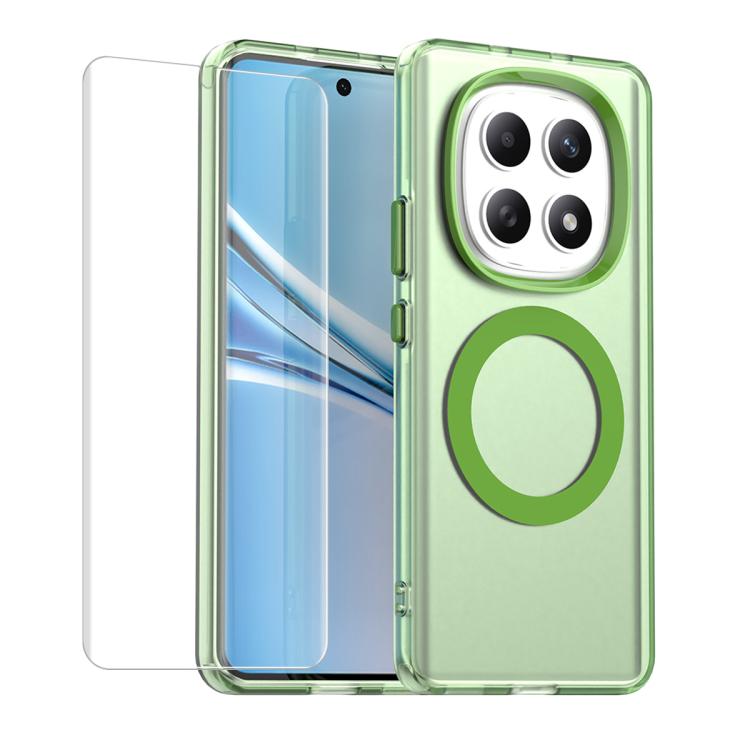 MagSafe smartphone case with soft hydrogel film, translucent green, circular ring cutout