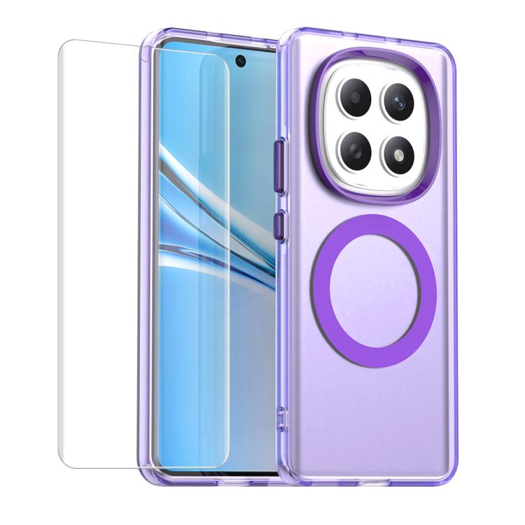 MagSafe smartphone case with soft hydrogel film, translucent purple, circular ring cutout