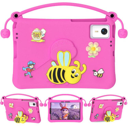 Pink EVA tablet case with carry handle and cute bee, flower, and character graphics