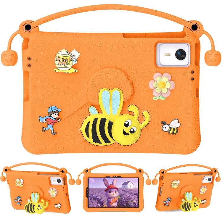 Orange EVA tablet case with carry handle and cute bee and flower character graphics