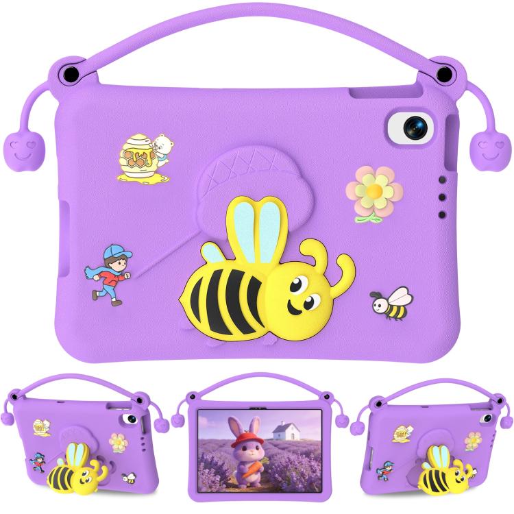 Purple EVA kids tablet case with cartoon bee, handle strap, and camera cutout