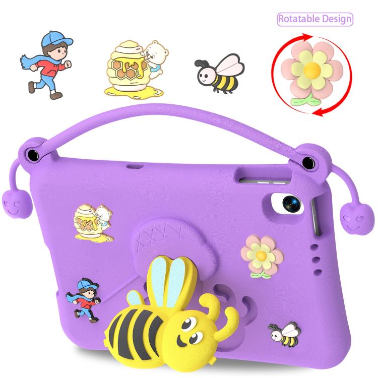 Purple EVA tablet case with handle strap, bee graphics, and side buttons cutout
