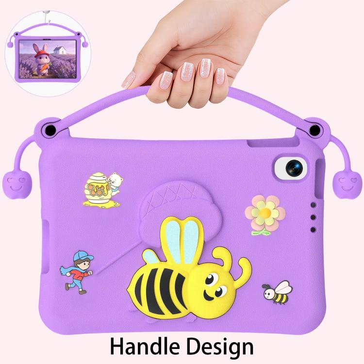 Purple EVA tablet case with bee design and handle strap, shown being held