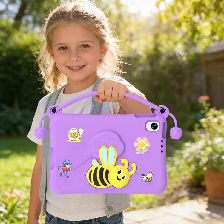 Purple EVA tablet case with bee artwork and handle strap carried by a child