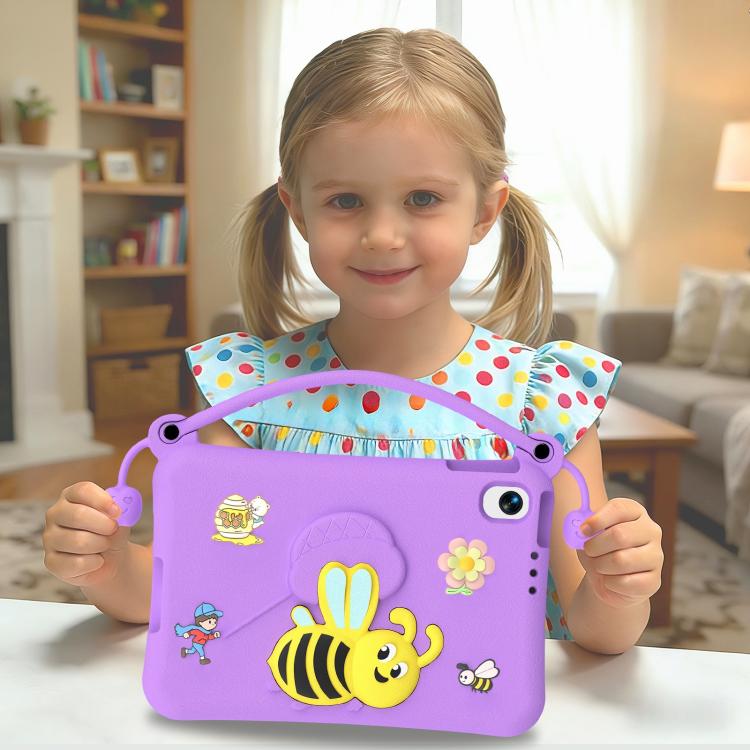 Purple EVA kids tablet case with bee design, held with the handle