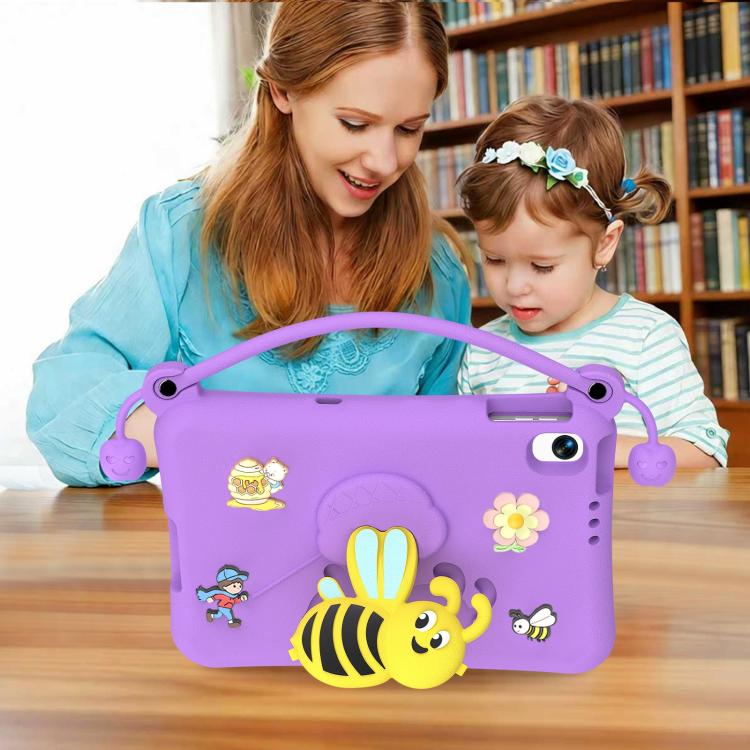 Purple EVA tablet case with bee graphics and handle strap on a table