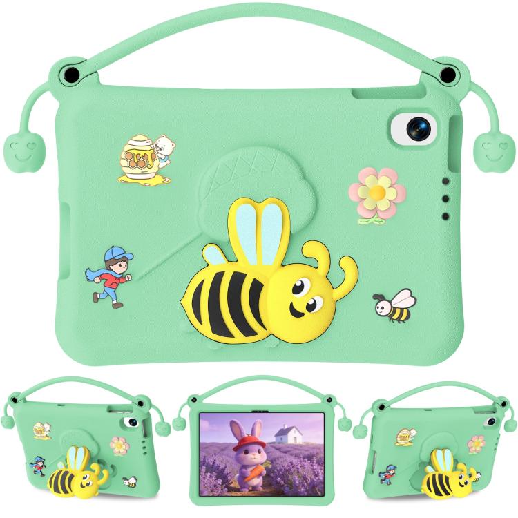 Light cyan EVA kids tablet case with cartoon bee, handle strap, and camera cutout