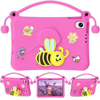 Pink EVA kids tablet case with cartoon bee, handle strap, and camera cutout