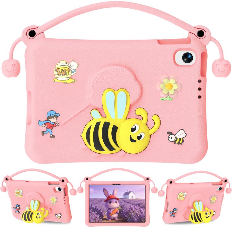 Pink EVA tablet case with bee cartoon, carry handle, and camera cutout