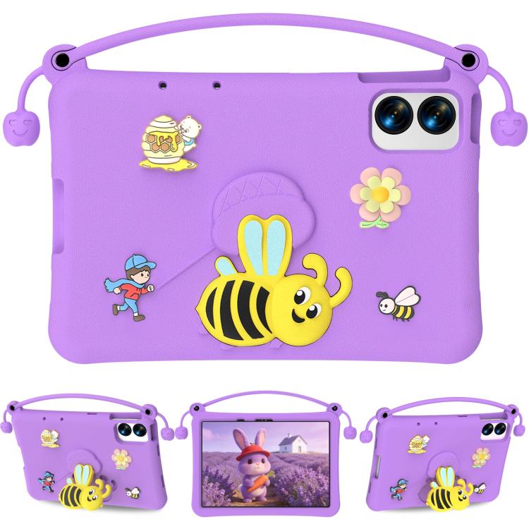 Purple EVA tablet case with bee cartoon, carry handle, and dual camera cutout