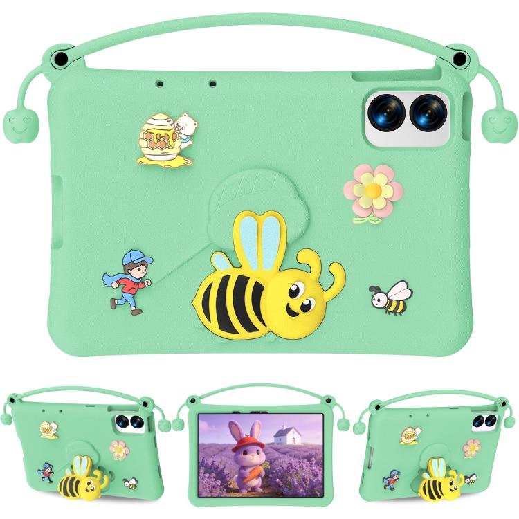 Light green EVA tablet case with bee cartoon, carry handle, and dual camera cutout