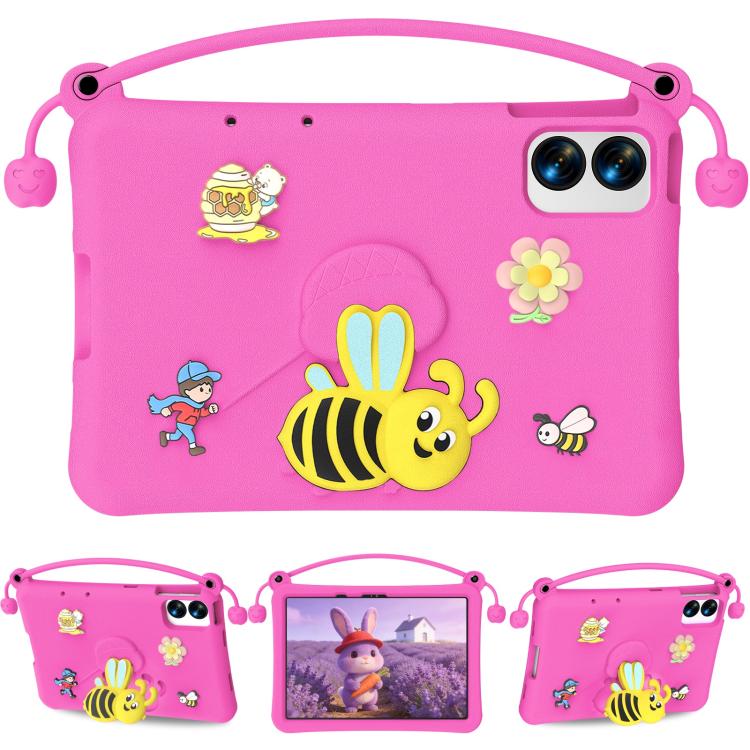 Magenta EVA tablet case with bee cartoon, carry handle, and dual camera cutout