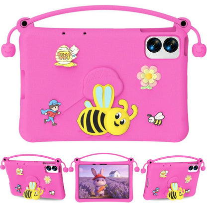 Magenta EVA tablet case with bee cartoon, carry handle, and dual camera cutout