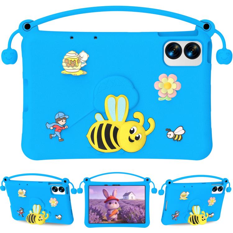 Blue EVA tablet case with bee cartoon, carry handle, and dual camera cutout