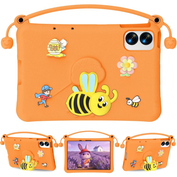 Orange EVA tablet case with bee cartoon, carry handle, and dual camera cutout