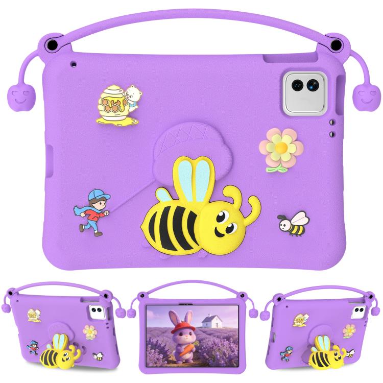 Purple EVA tablet case with bee cartoon, carry handle, and square camera cutout