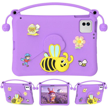 Purple EVA tablet case with bee cartoon, carry handle, and square camera cutout