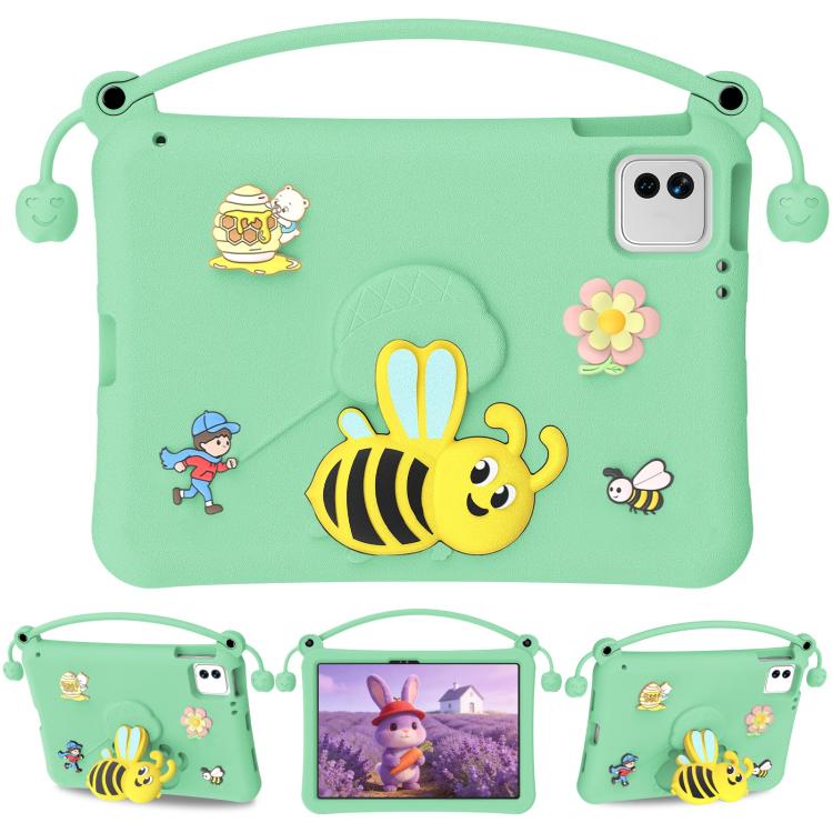 Light green EVA tablet case with bee cartoon, carry handle, and square camera cutout