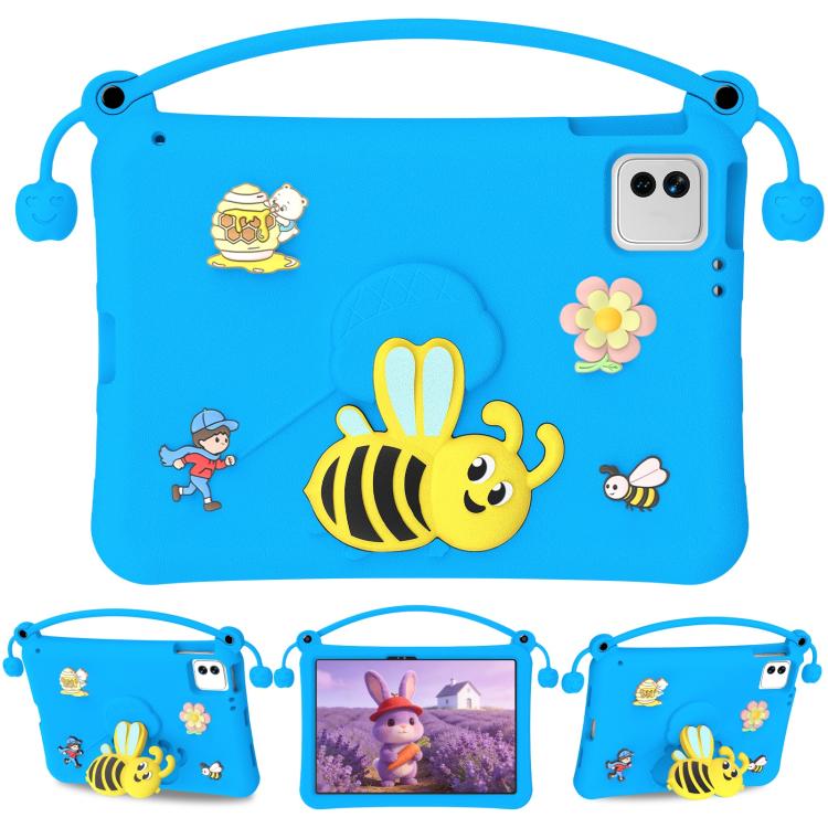 Blue EVA tablet case with carry handle and cute bee, flower, and character graphics