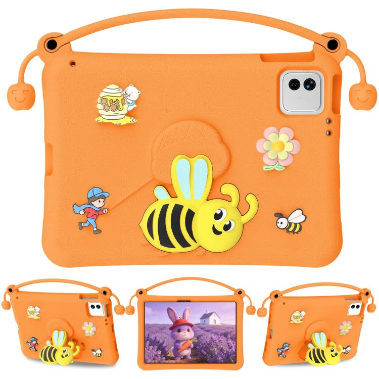 Orange EVA tablet case with carry handle and cute bee, flower, and character graphics