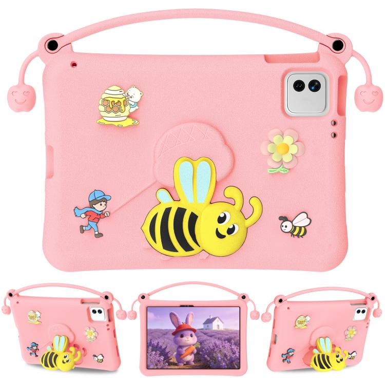 Pink EVA tablet case with carry handle and cute bee, flower, and character graphics