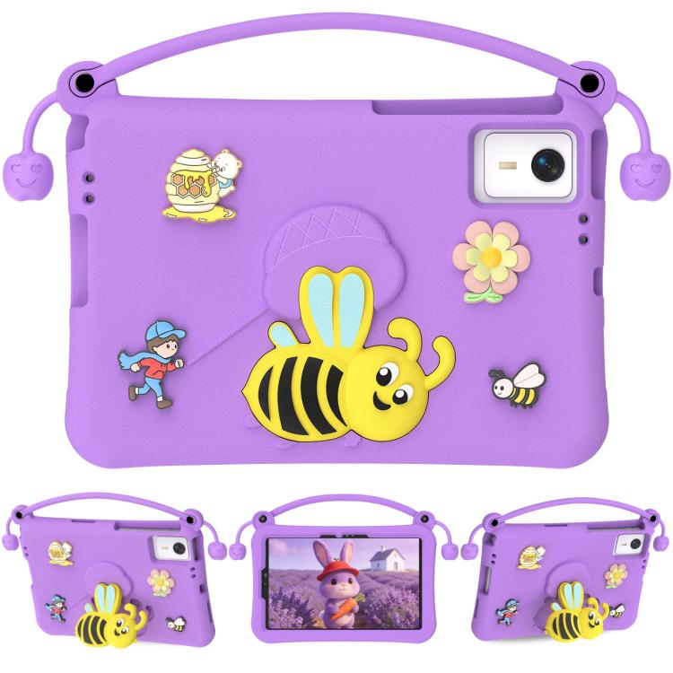 Purple EVA tablet case with handle, cartoon bee and flower decals, camera window cutout.