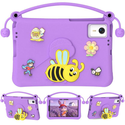 Purple EVA tablet case with handle, cartoon bee and flower decals, camera window cutout.