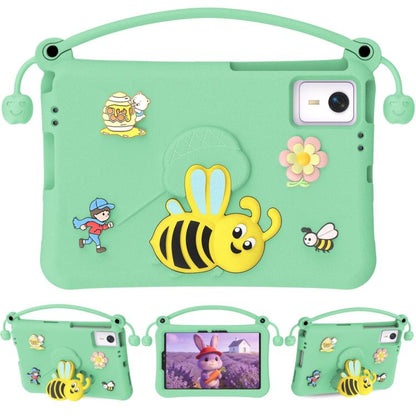 Light mint EVA tablet case with handle, cartoon bee and flower decals, camera window cutout.