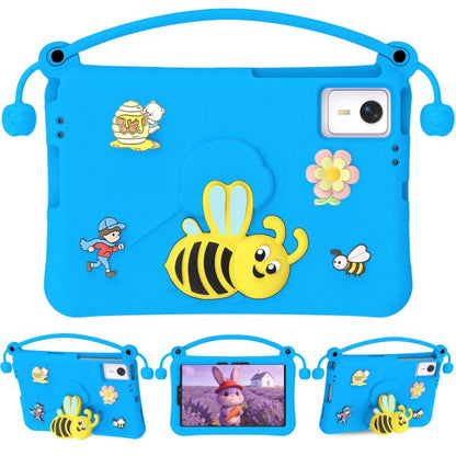 Blue EVA tablet case with handle, cartoon bee and flower decals, camera window cutout.