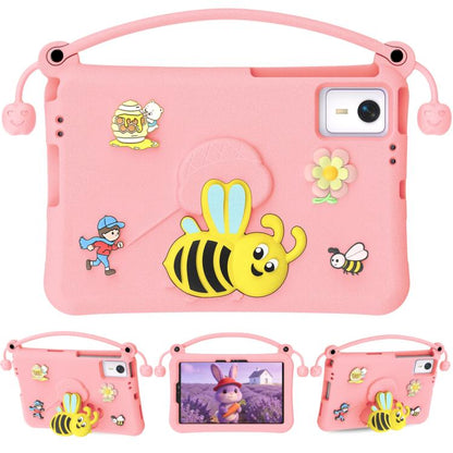Pink kids EVA shockproof tablet case with handle and bee cartoon, rear camera cutout