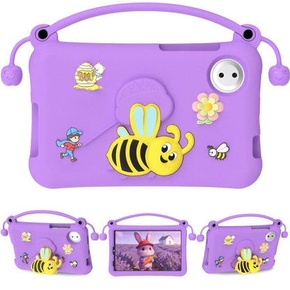 Purple EVA tablet case with handle, cartoon bee and flower decals, round port cutout.