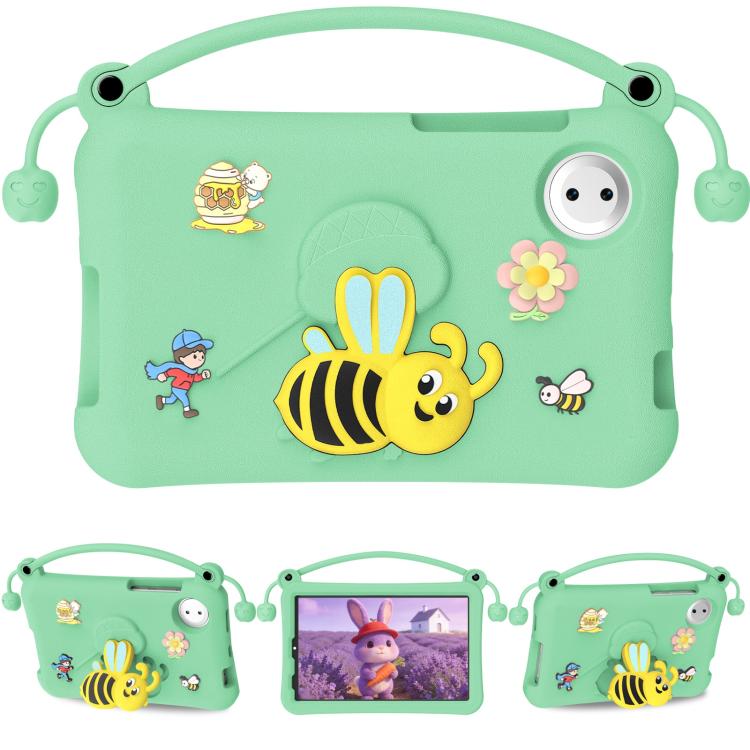 Light mint EVA tablet case with handle, cartoon bee and flower decals, round port cutout.