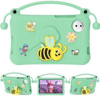 Light mint EVA tablet case with handle, cartoon bee and flower decals, round port cutout.