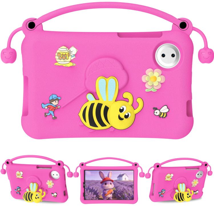 Pink EVA tablet case with handle, cartoon bee and flower decals, round port cutout.
