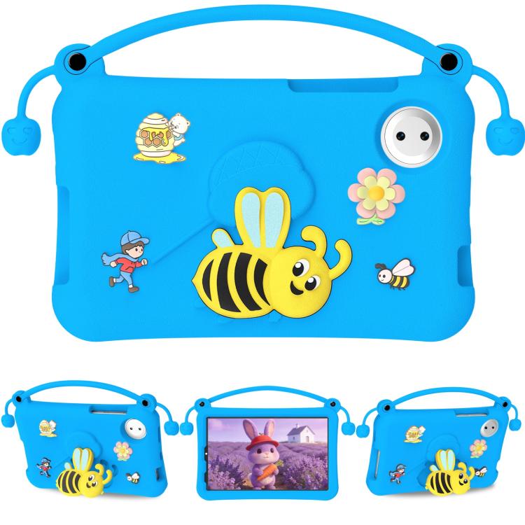 Blue EVA tablet case with handle, cartoon bee and flower decals, round port cutout.