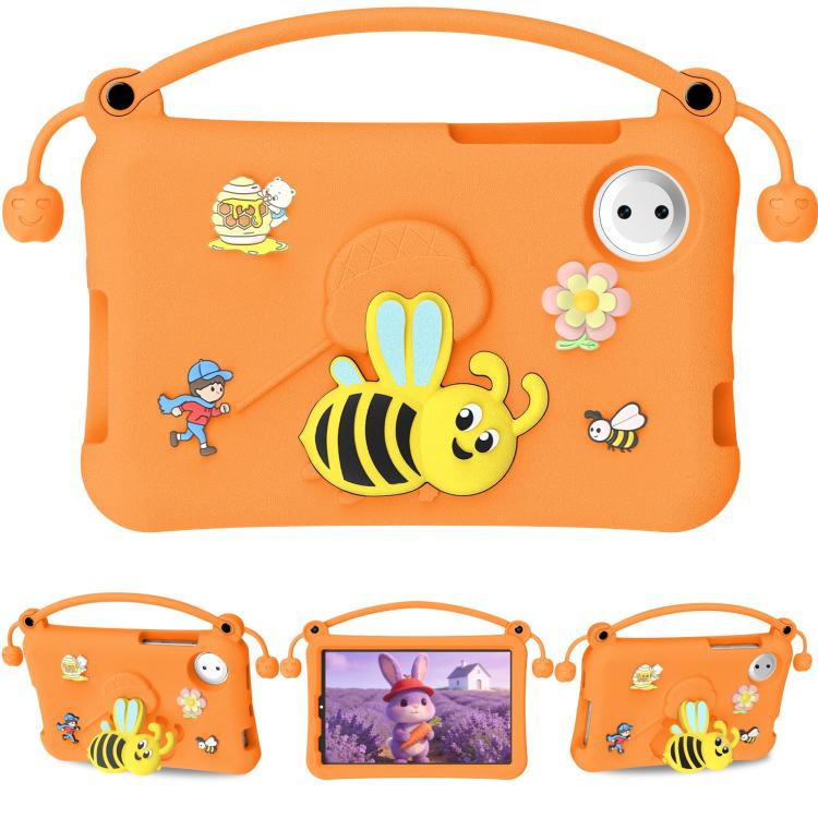 Orange EVA tablet case with handle, cartoon bee and flower decals, round port cutout.