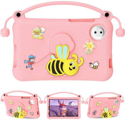 Rose red EVA tablet case with handle, cartoon bee and flower decals, round port cutout.