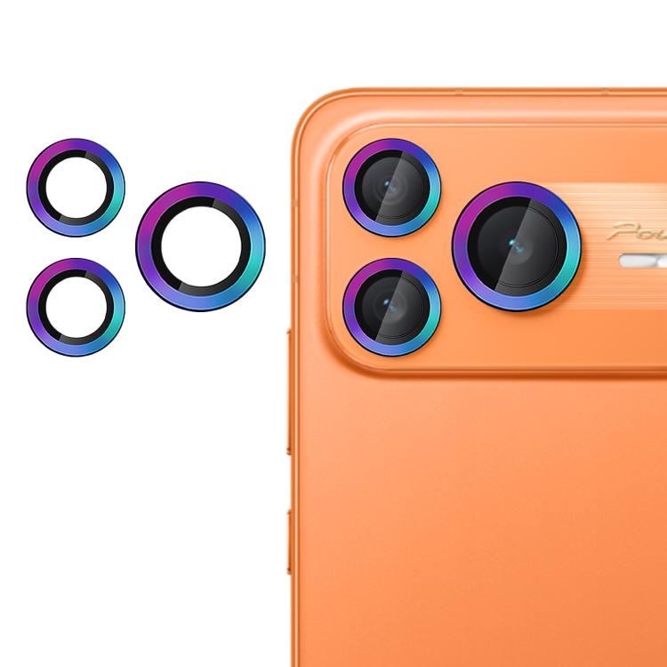 Tempered glass camera lens film with iridescent purple-blue ring inserts for three rear lenses