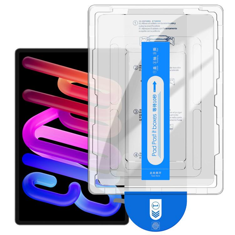Tablet tempered glass screen protector film with curved edges and installation tray