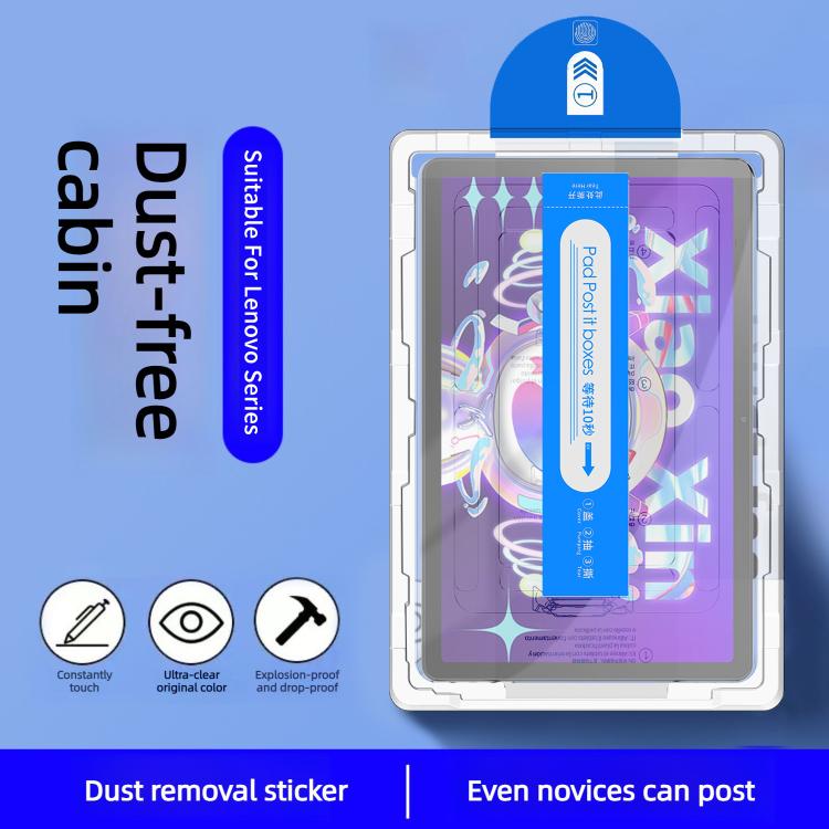 Dust-free tempered glass film with applicator guide and residue removal sticker