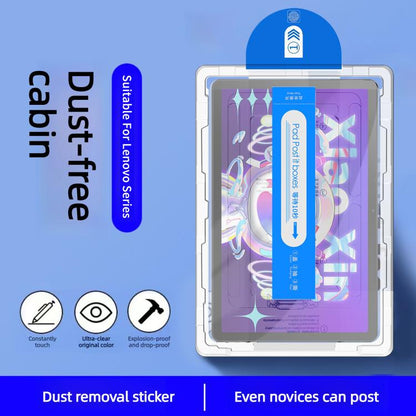 Dust-free tempered glass film with applicator guide and residue removal sticker